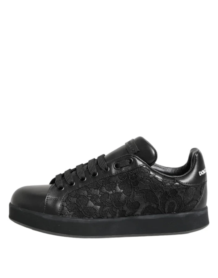 Dolce &amp; Gabbana Black Floral Lace Low Top Sneakers Shoes