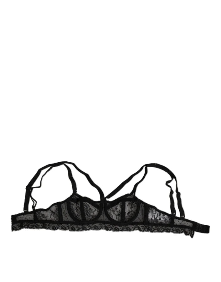 Dolce &amp; Gabbana Black Floral Lace Nylon Balconcino Bra Underwear
