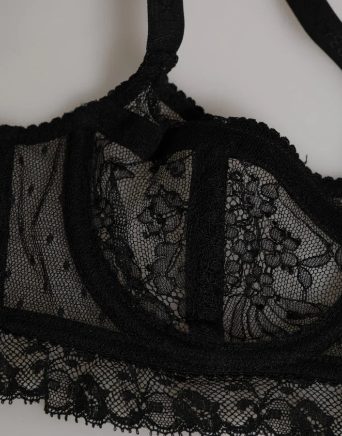 Dolce &amp; Gabbana Black Floral Lace Nylon Balconcino Bra Underwear