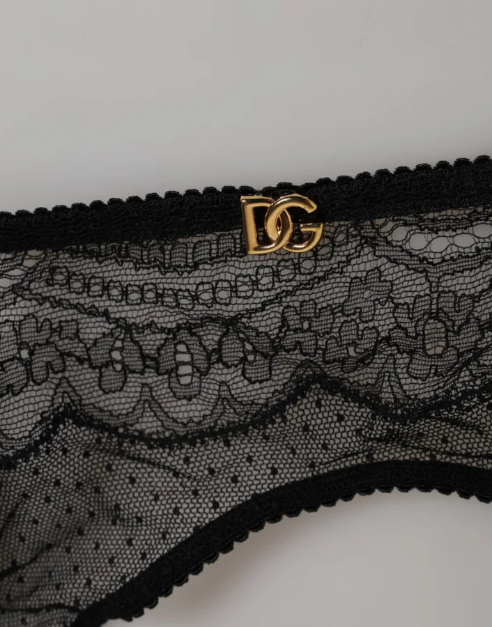 Dolce &amp; Gabbana Black Floral Lace Nylon Strap Garter Underwear