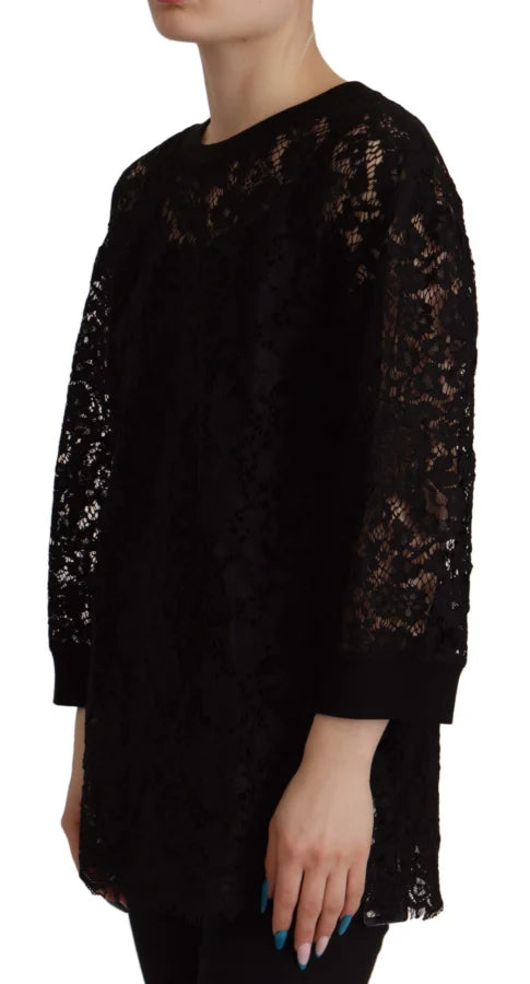 Dolce &amp; Gabbana Black Floral Lace Pullover Sicily Blouse