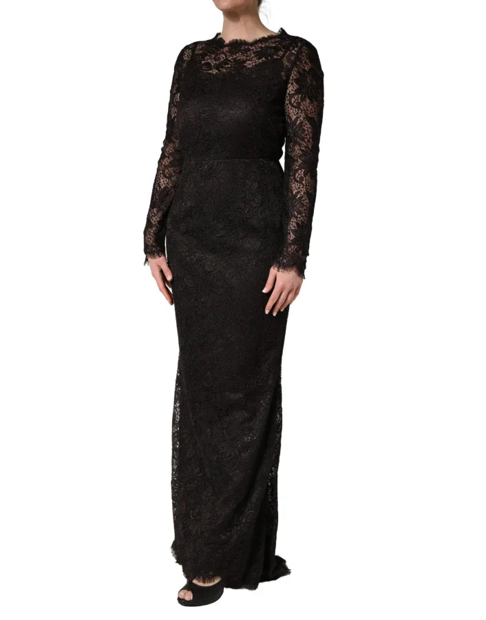 Dolce &amp; Gabbana Black Floral Lace Sheath Long Maxi Dress