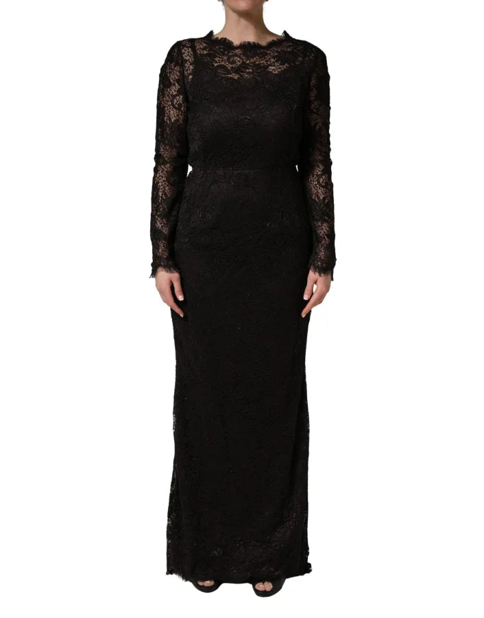 Dolce &amp; Gabbana Black Floral Lace Sheath Long Maxi Dress