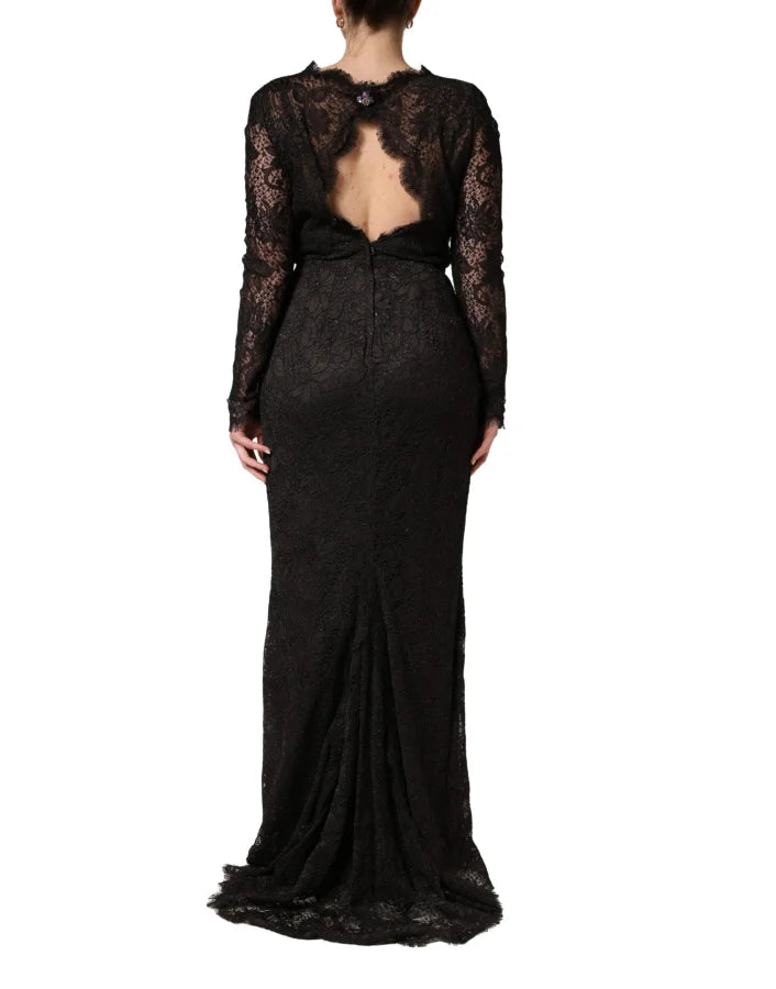 Dolce &amp; Gabbana Black Floral Lace Sheath Long Maxi Dress