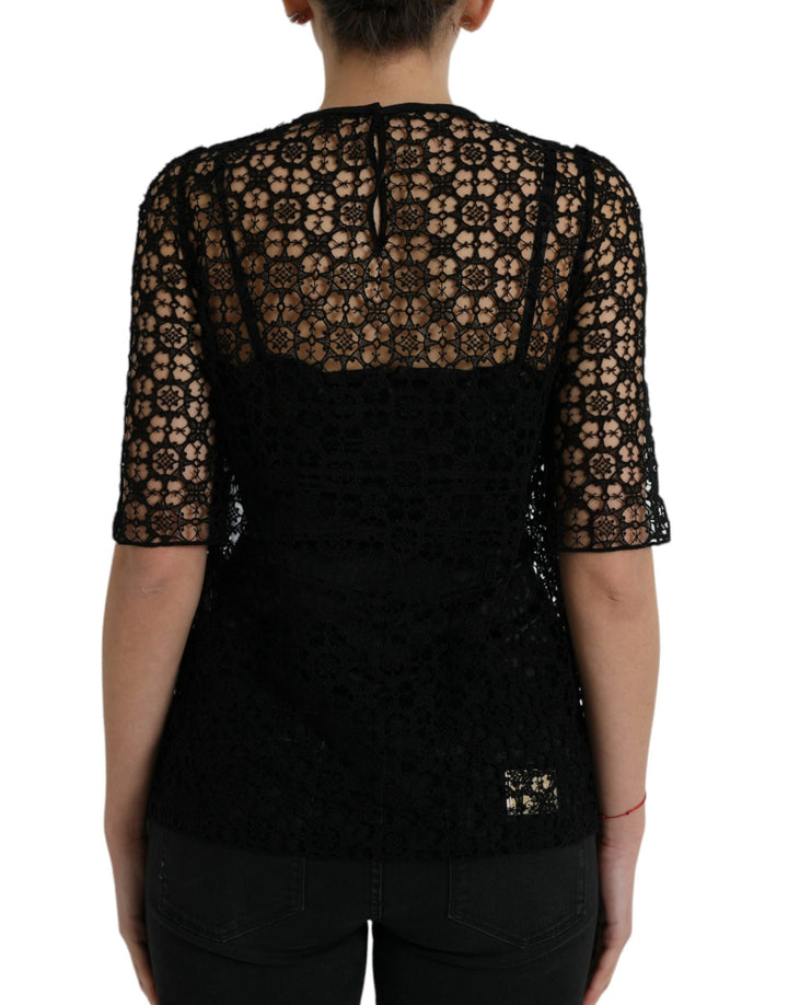 Dolce &amp; Gabbana - Black Floral Lace Short Sleeves Blouse Top