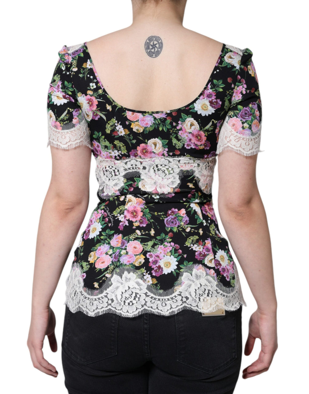 Dolce &amp; Gabbana - Black Floral Lace Short Sleeves Blouse Top