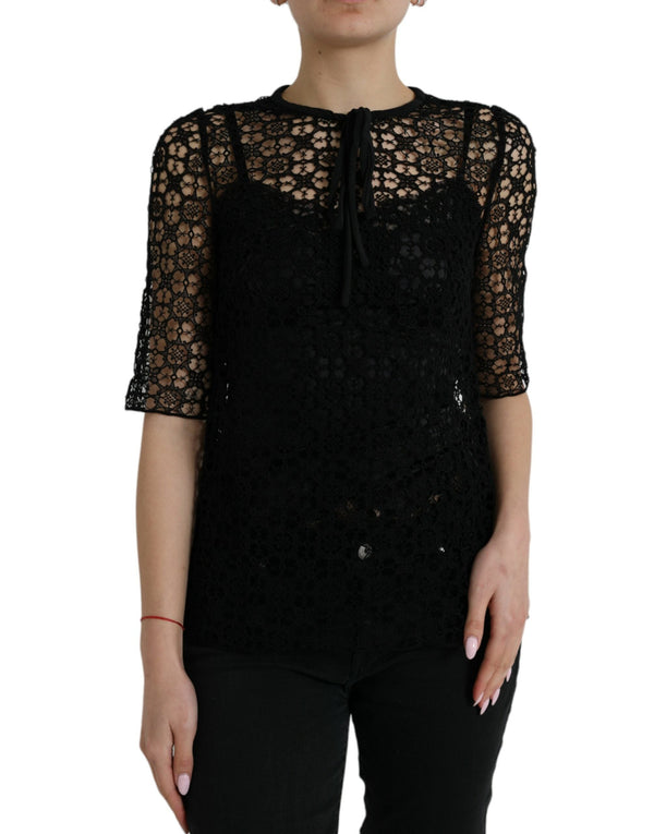 Dolce & Gabbana - Black Floral Lace Short Sleeves Blouse Top