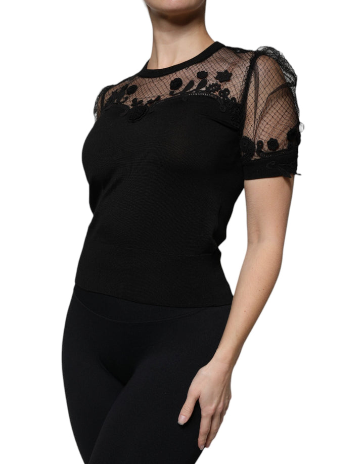Dolce &amp; Gabbana Blouses - Women’s Black Floral Lace Short Sleeves Blouse Top