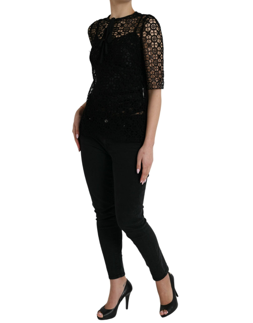 Dolce &amp; Gabbana - Black Floral Lace Short Sleeves Blouse Top