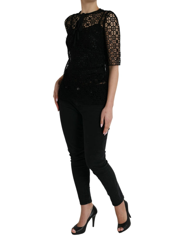 Dolce & Gabbana - Black Floral Lace Short Sleeves Blouse Top