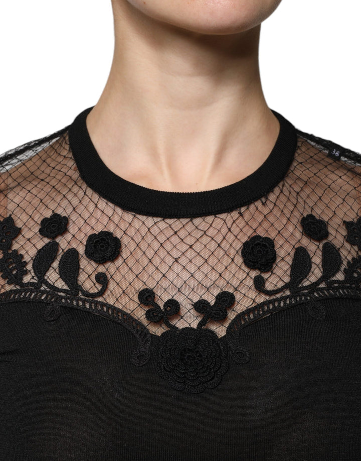 Dolce &amp; Gabbana Blouses - Women’s Black Floral Lace Short Sleeves Blouse Top