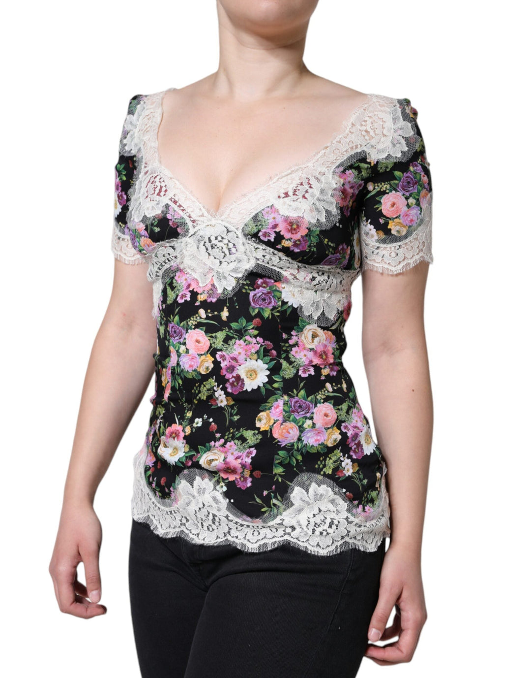 Dolce &amp; Gabbana - Black Floral Lace Short Sleeves Blouse Top