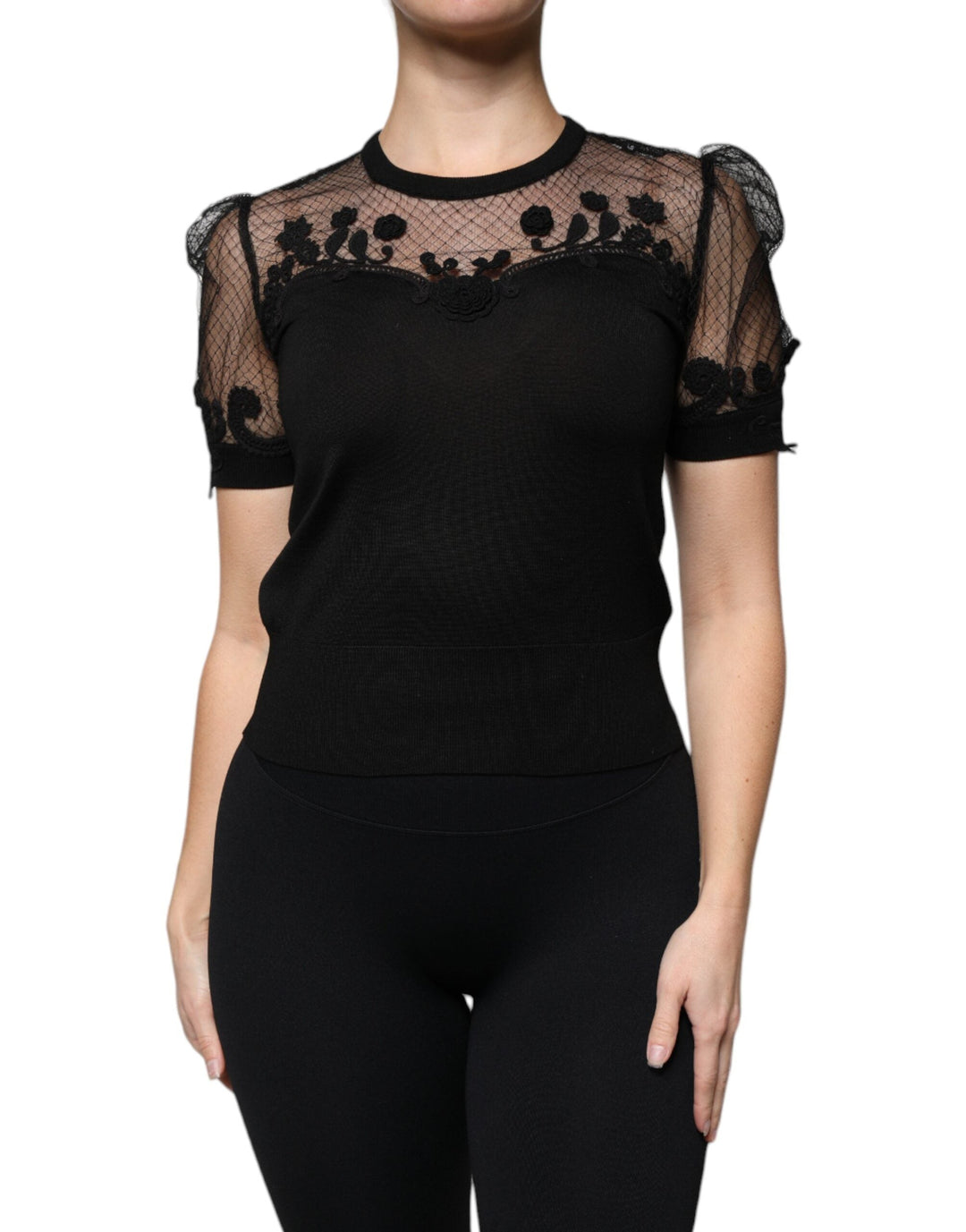 Dolce &amp; Gabbana Blouses - Women’s Black Floral Lace Short Sleeves Blouse Top