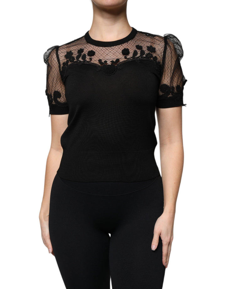 Dolce &amp; Gabbana Blouses - Women’s Black Floral Lace Short Sleeves Blouse Top