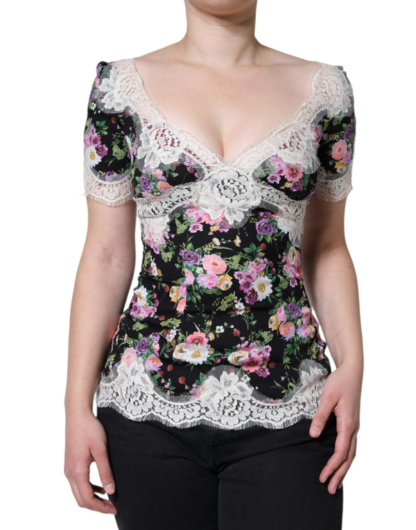 Dolce & Gabbana - Black Floral Lace Short Sleeves Blouse Top