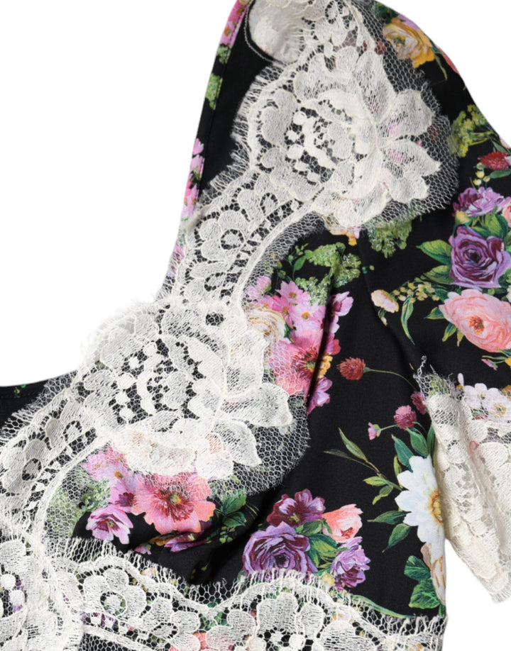 Dolce &amp; Gabbana - Black Floral Lace Short Sleeves Blouse Top