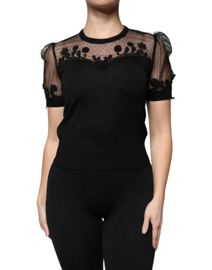 Dolce &amp; Gabbana Black Floral Lace Short Sleeves Blouse Top