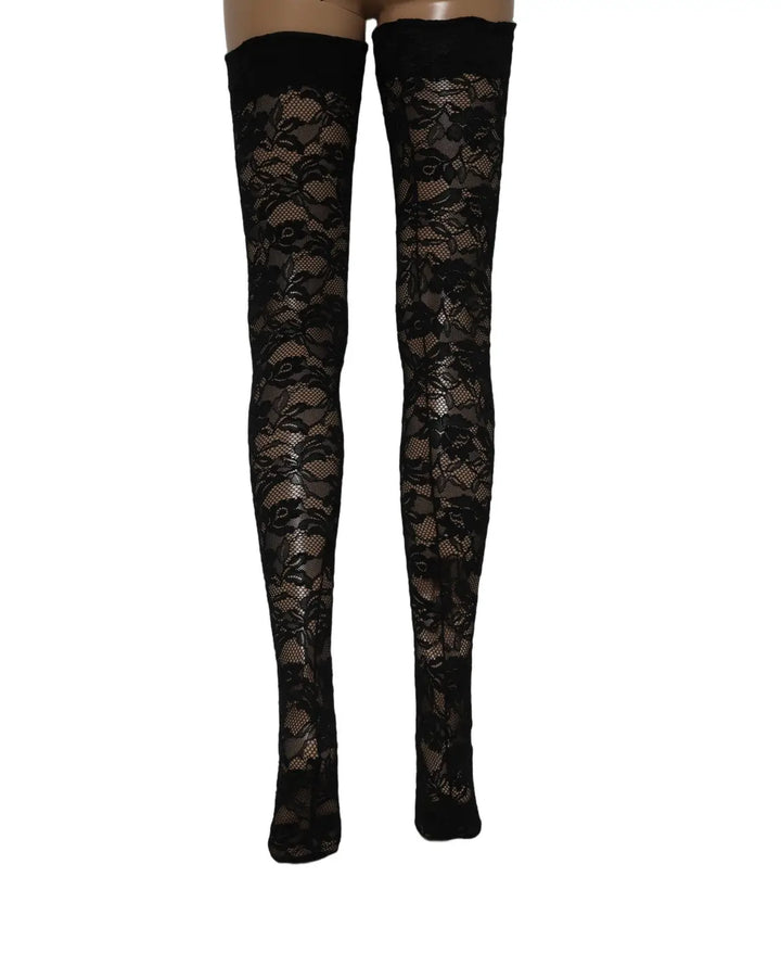 Dolce &amp; Gabbana Black Floral Lace Thigh High Stockings Socks