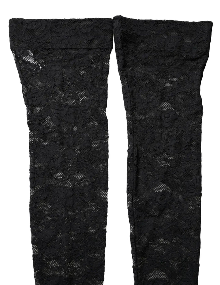 Dolce &amp; Gabbana Black Floral Lace Thigh High Stockings Socks