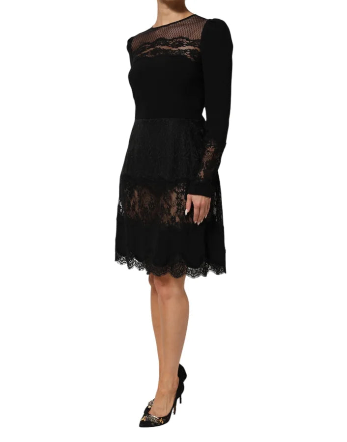 Dolce &amp; Gabbana Black Floral Lace Trim Sheath A-line Dress