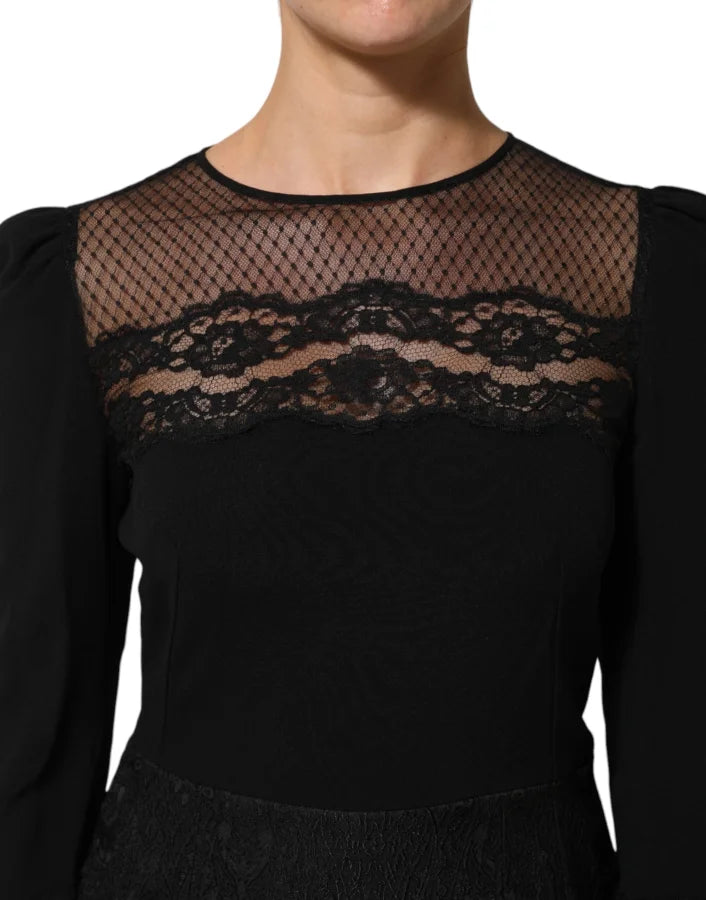 Dolce &amp; Gabbana Black Floral Lace Trim Sheath A-line Dress