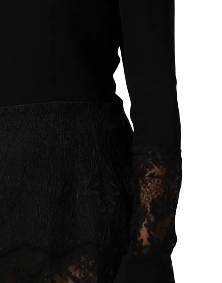 Dolce &amp; Gabbana Black Floral Lace Trim Sheath A-line Dress