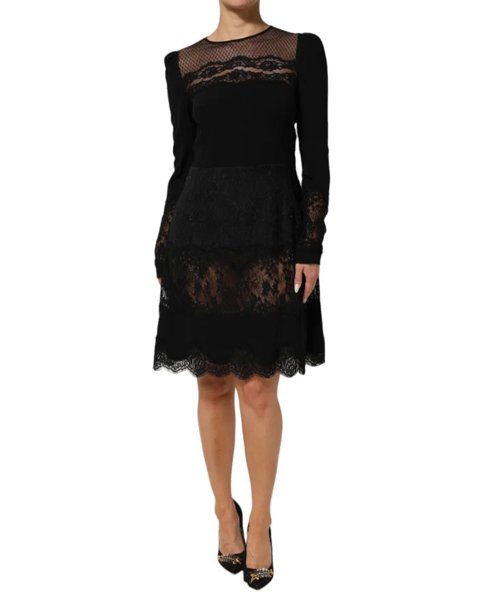 Dolce &amp; Gabbana Black Floral Lace Trim Sheath A-line Dress