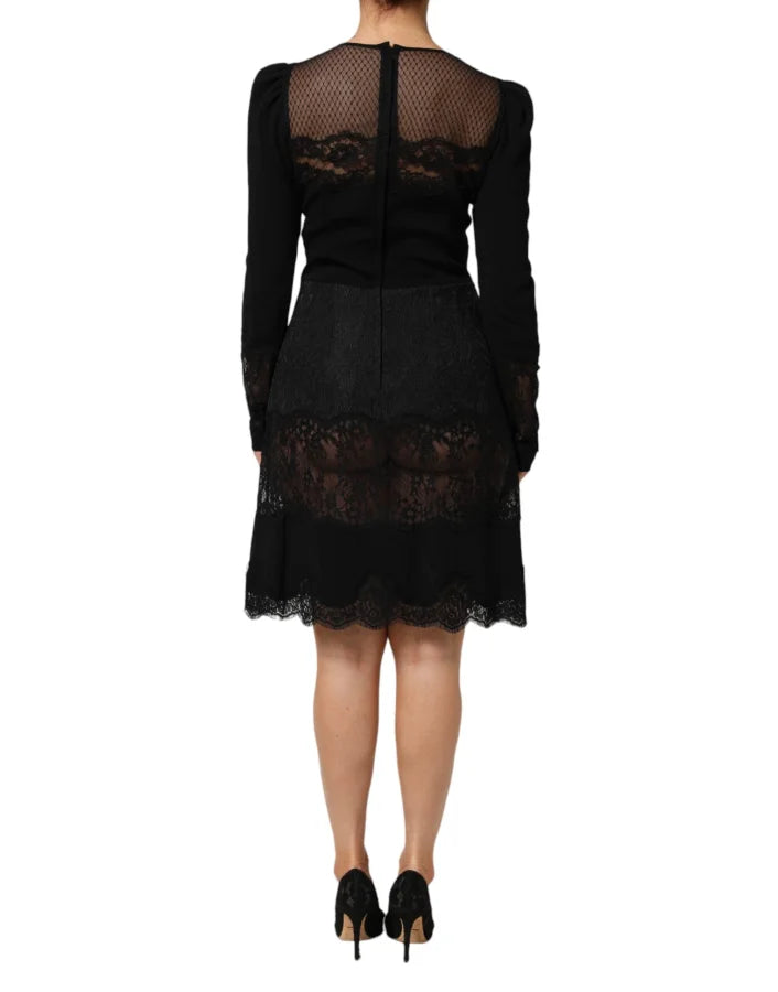 Dolce &amp; Gabbana Black Floral Lace Trim Sheath A-line Dress