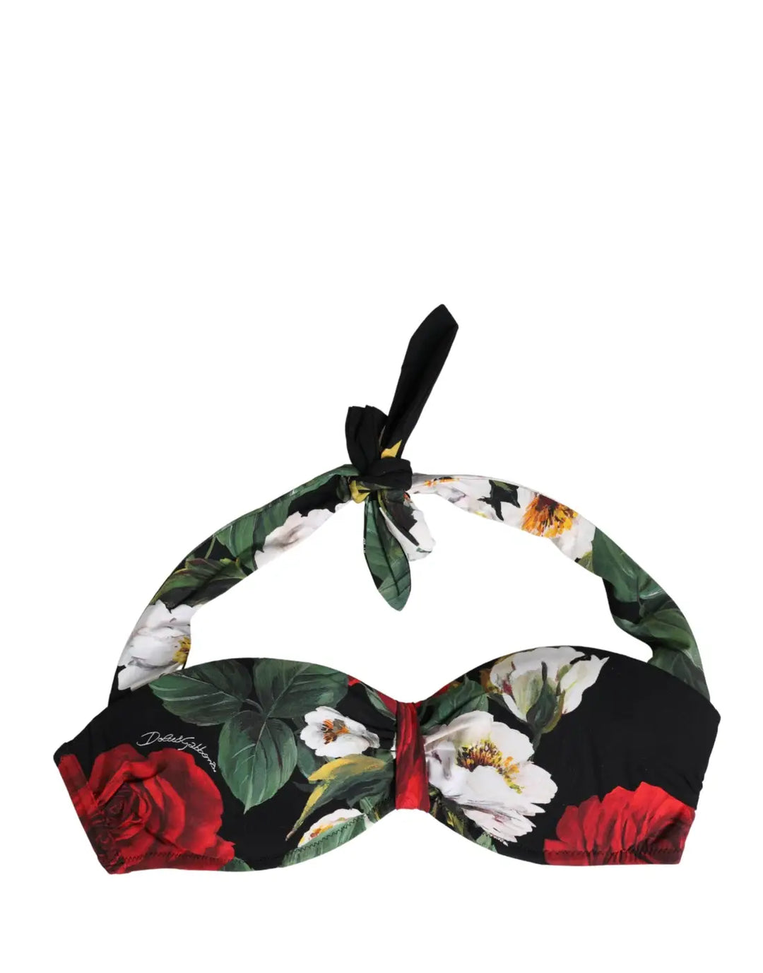 Dolce &amp; Gabbana Black Floral Padded Halter Bikini Top Swimwear