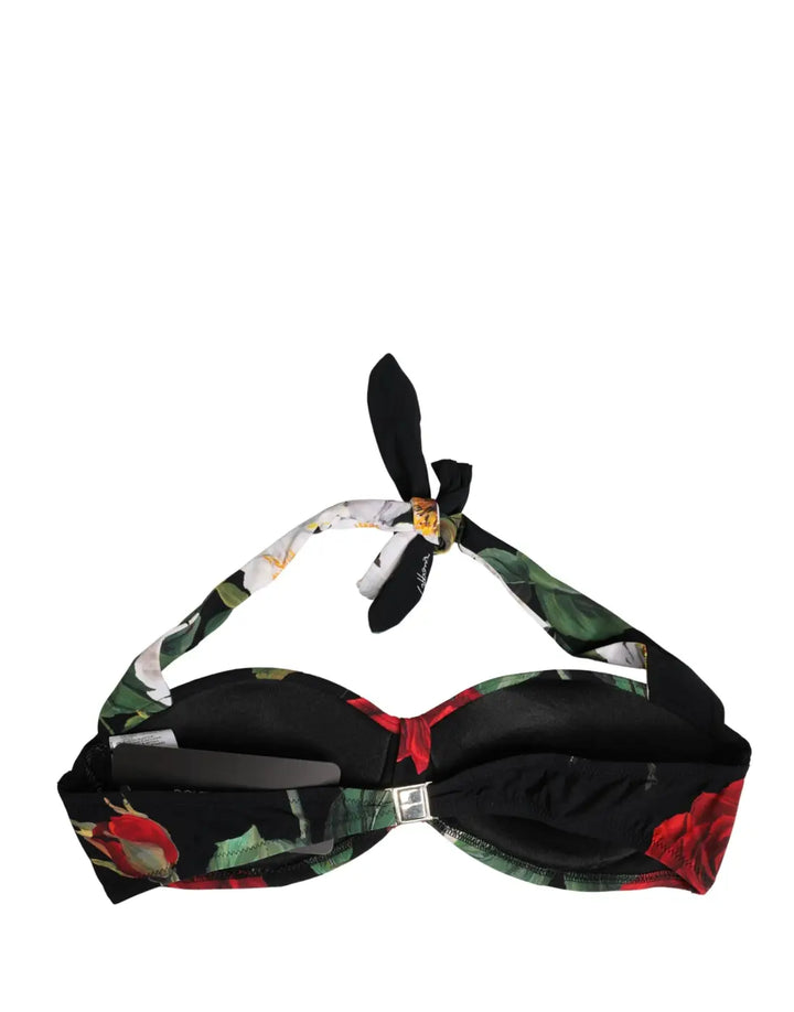 Dolce &amp; Gabbana Black Floral Padded Halter Bikini Top Swimwear
