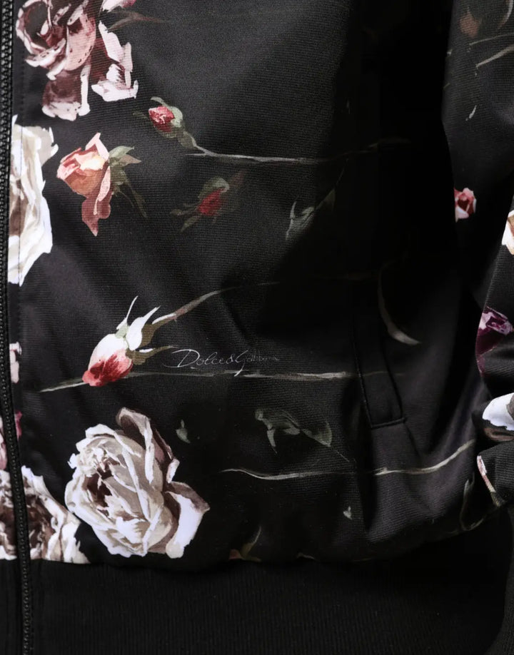 Dolce &amp; Gabbana Black Floral Polyester Full Zip Bomber Jacket