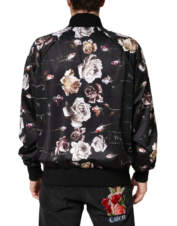 Dolce &amp; Gabbana Black Floral Polyester Full Zip Bomber Jacket