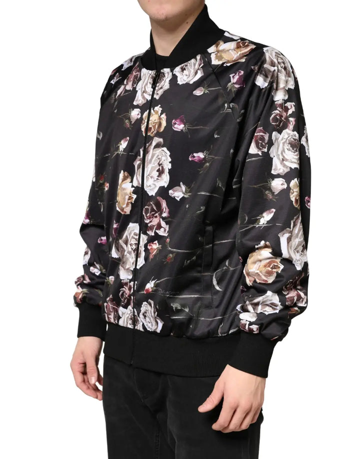 Dolce &amp; Gabbana Black Floral Polyester Full Zip Bomber Jacket