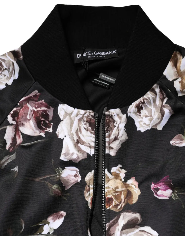 Dolce &amp; Gabbana Black Floral Polyester Full Zip Bomber Jacket