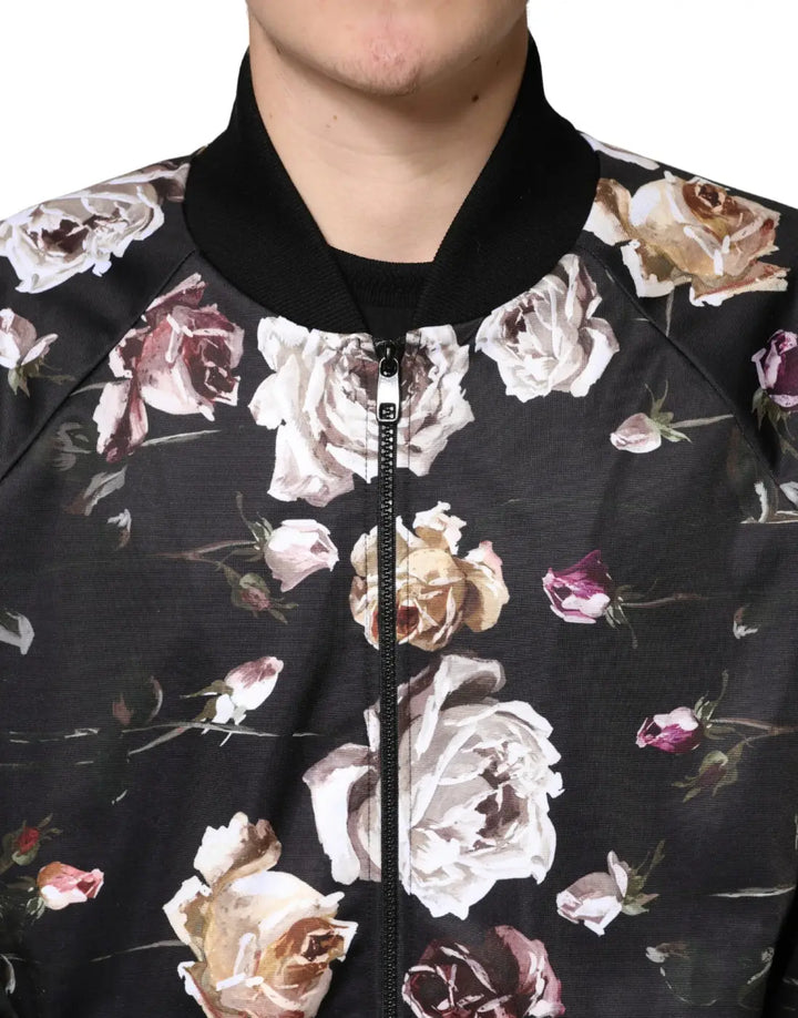 Dolce &amp; Gabbana Black Floral Polyester Full Zip Bomber Jacket