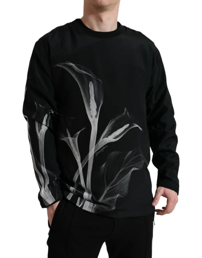 Dolce &amp; Gabbana Black Floral Print Crewneck Pullover Sweater