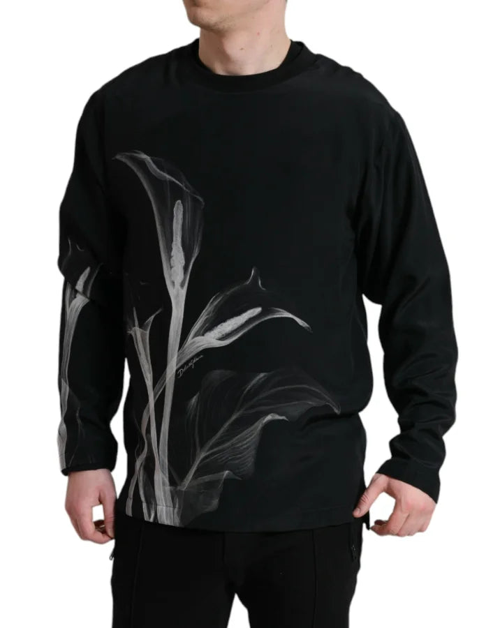 Dolce &amp; Gabbana Black Floral Print Crewneck Pullover Sweater