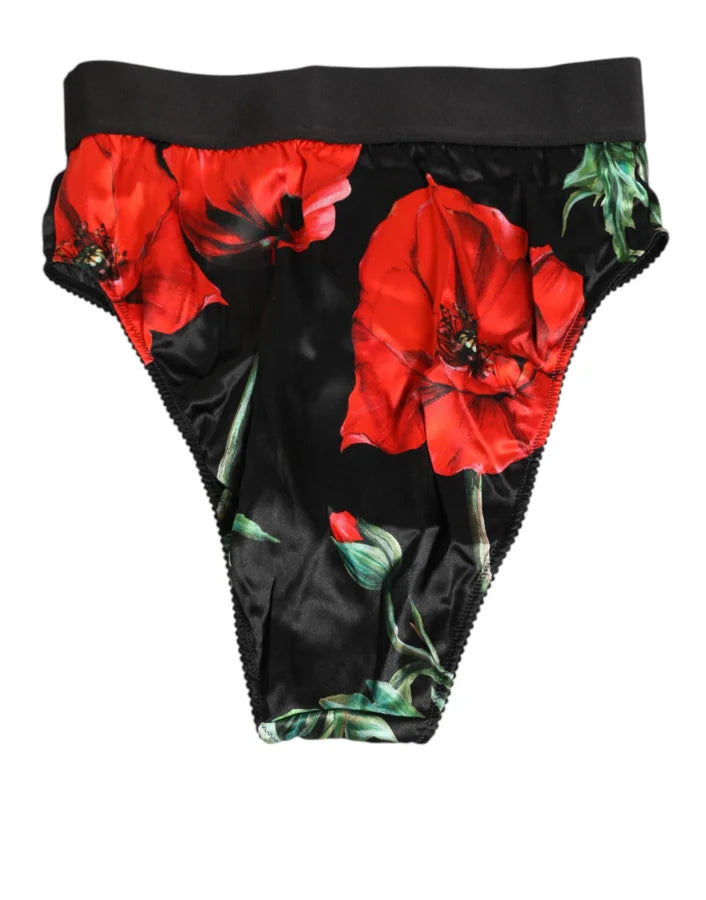 Dolce &amp; Gabbana Black Floral Print High Waist Sheer Mesh Underwear