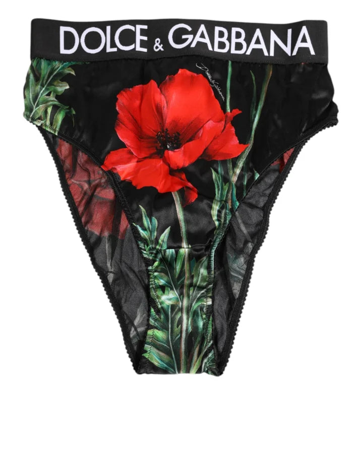 Dolce &amp; Gabbana Black Floral Print High Waist Sheer Mesh Underwear