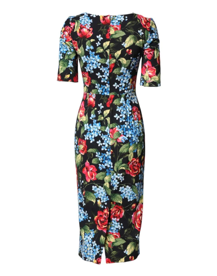 Dolce &amp; Gabbana Black Floral Print Viscose Sheath Midi Dress