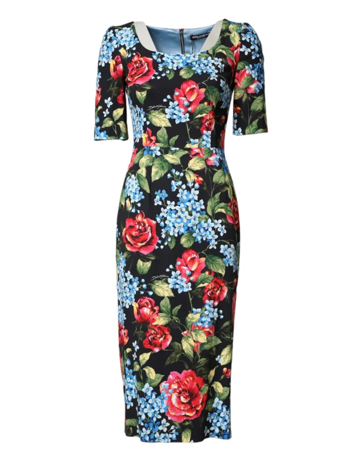 Dolce &amp; Gabbana Black Floral Print Viscose Sheath Midi Dress