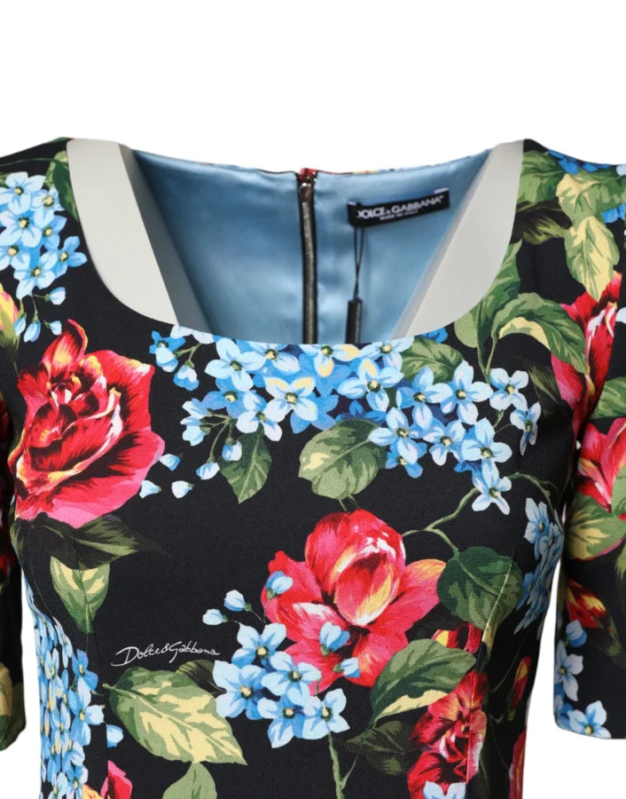 Dolce &amp; Gabbana Black Floral Print Viscose Sheath Midi Dress