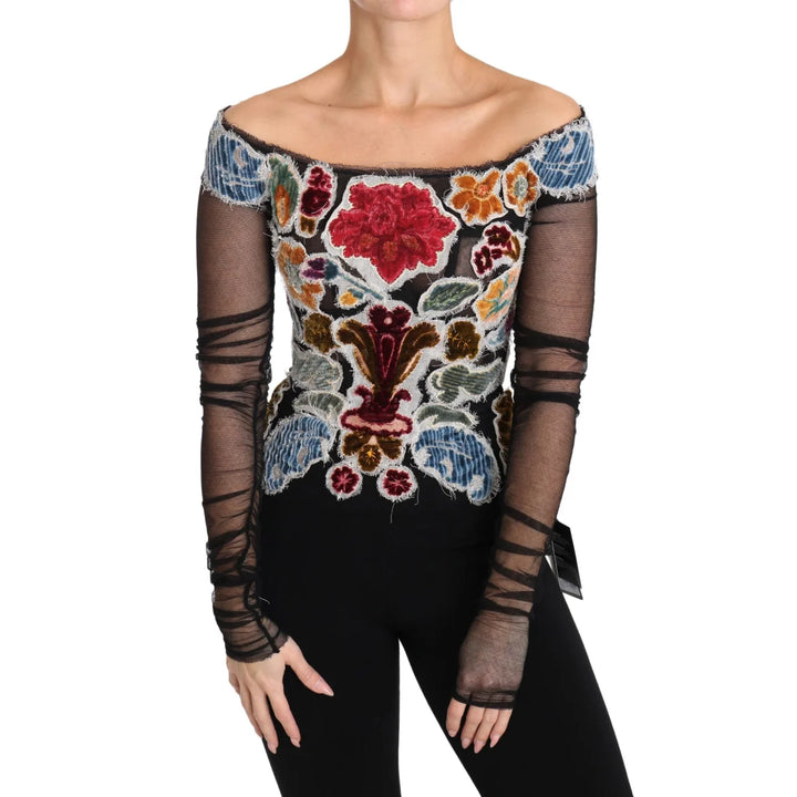 Dolce & Gabbana Black Floral Ricamo Top T-shirt Blouse