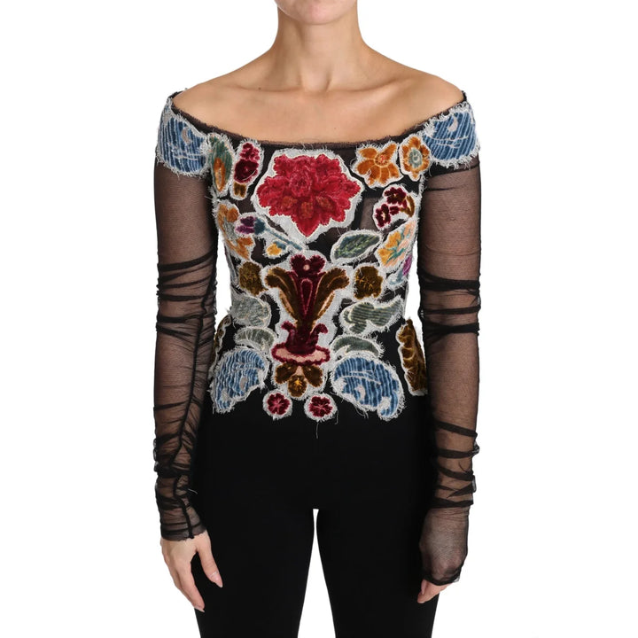 Dolce & Gabbana Black Floral Ricamo Top T-shirt Blouse