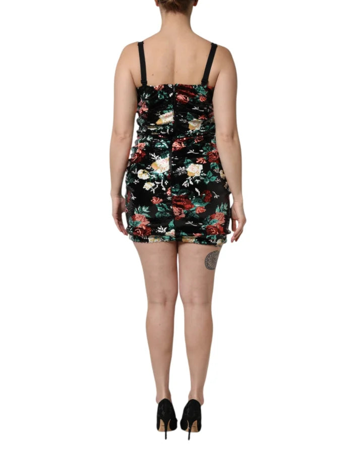Dolce &amp; Gabbana Black Floral Sequin Sleeveless Sheath Dress