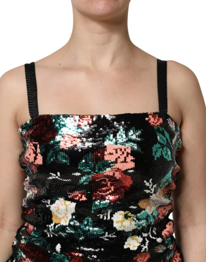 Dolce &amp; Gabbana Black Floral Sequin Sleeveless Sheath Dress