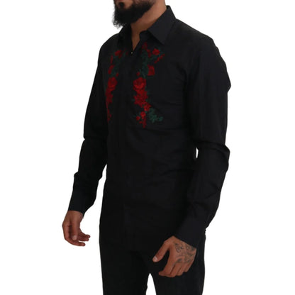 Dolce & Gabbana Black Floral Shirt with Long Sleeves and Embroidery
