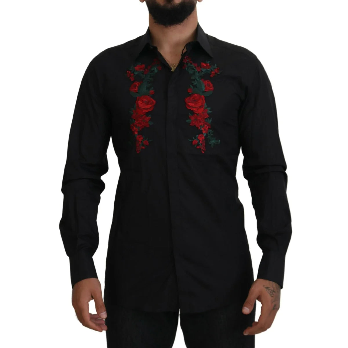 Dolce & Gabbana Black Floral Shirt with Long Sleeves and Embroidery
