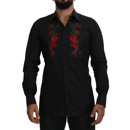 Dolce & Gabbana Black Floral Shirt with Long Sleeves and Embroidery