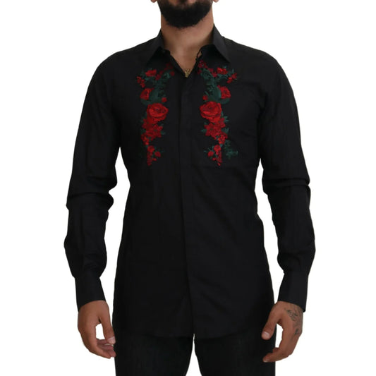 Dolce & Gabbana Black Floral Shirt with Long Sleeves and Embroidery